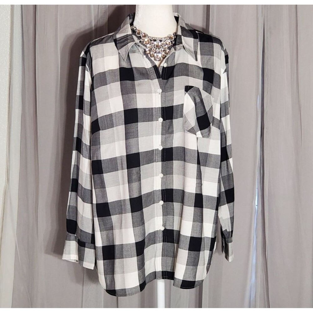 AVA & VIV PLAID BLOUSE LONG SLEEVE BLACK/GRAY RAYON SIZE 2X